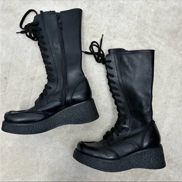 ⛔️SOLD⛔️Steve Madden Black Leather 90s Style Lace Up Platform Combat Moto Boots - Picture 2 of 10